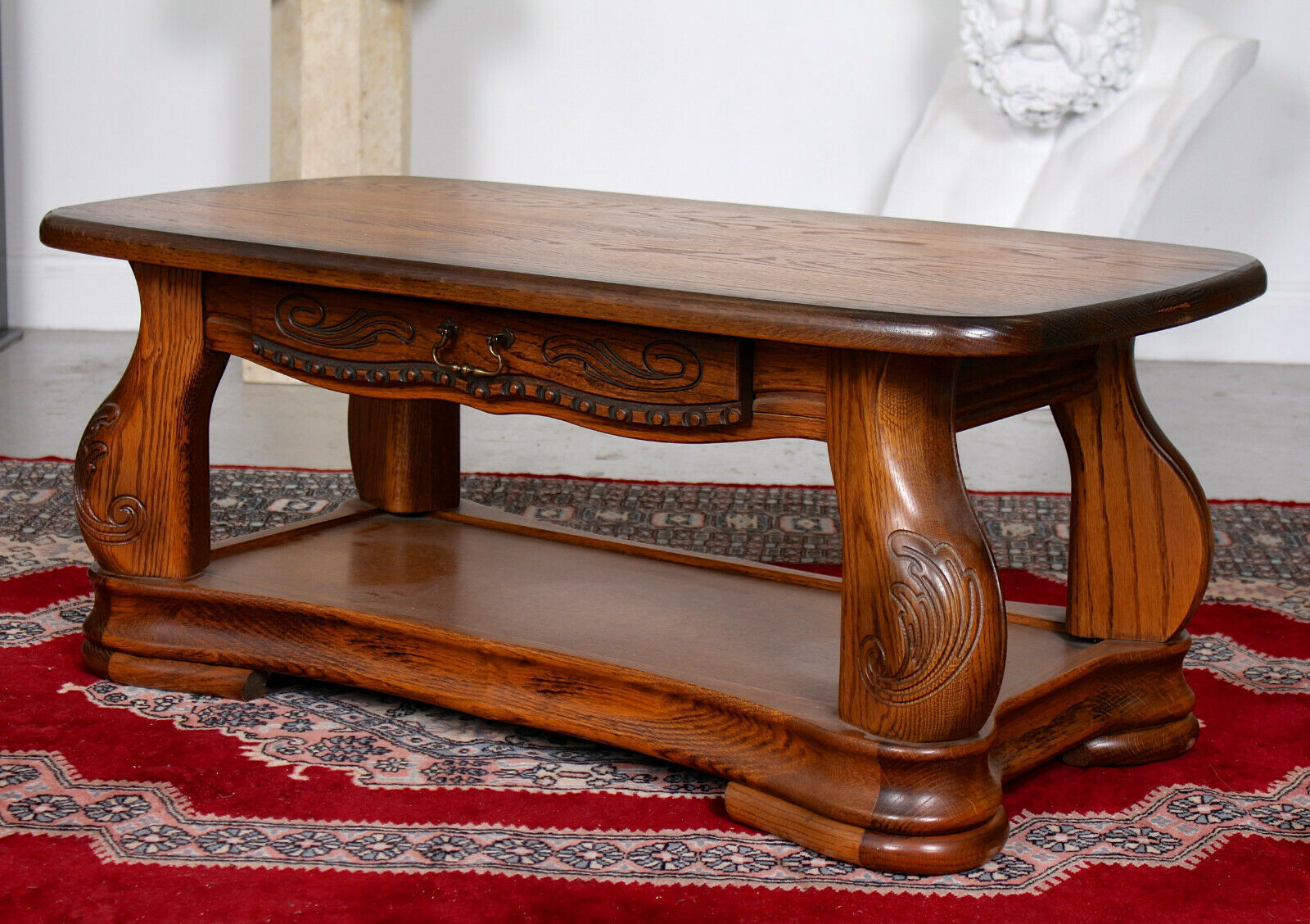 Vintage French Oak Coffee Table Fitted Drawer Carved Solid Oak