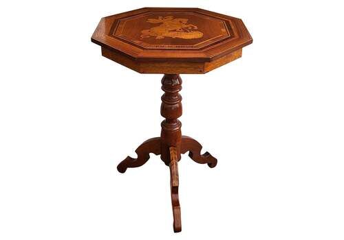 Biedermeier Italian Walnut Inlay Marquetry Octagonal Tripod Sofa Or Side Table