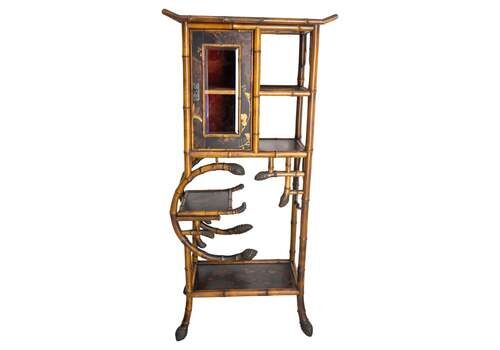 Chinoiserie Lacquered Cabinet & Side Table Faux Bamboo Turned Wood Late 19th C