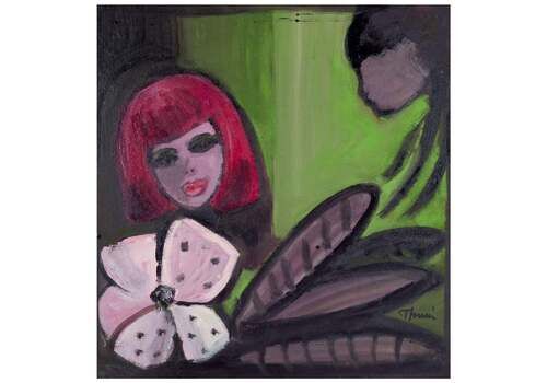 Swedish Artist. Oil On Board. Motif Of Two Women And Flower. 1960s