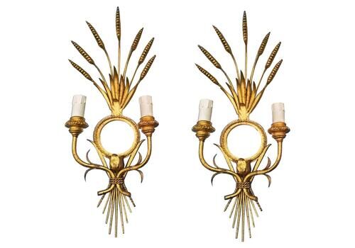 Wall Sconces  Maison Bagues Style Gold Leaf And Mirror Leves, France Midcentury