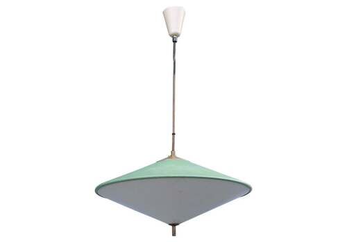Mid Century Italian Design Chandelier Green Metal Brass Parts 1950s Ufo