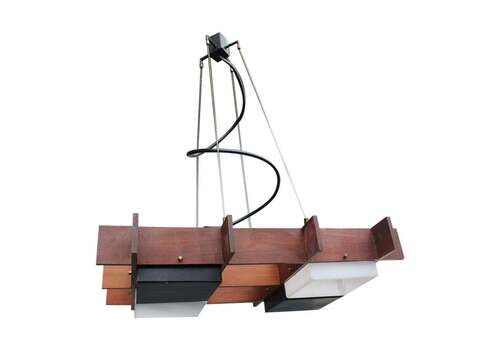 Minimalist Italian Chandelier Esperia Angelo Brotto 1950s Wood Plexiglass Metal