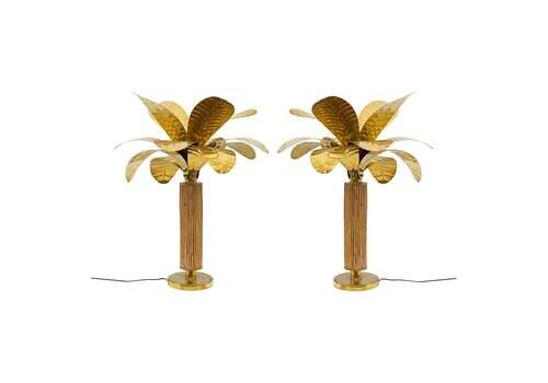 Pair Of Mid Century Modern Italian Brass And Rattan Palm Tree Lamps, 1970s