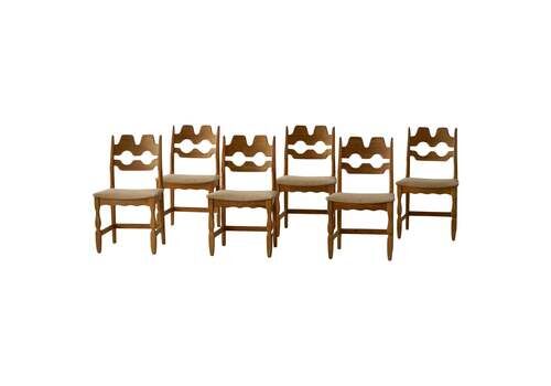 Henning Kjærnulf, Set Of 6 Chairs, Oak & Hessian, Mid Century Modern, 1960s