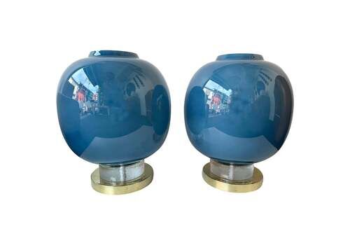 Contemporary Pair Of Brass And Blue Murano Glass Bulb Lamps, Italy
