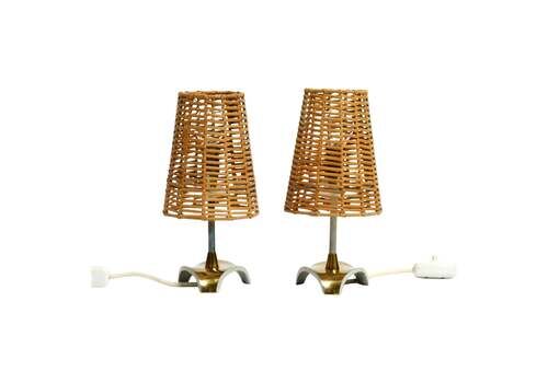 Pair Of Beautiful Mid Century Modern Brass Table Lamps With Rattan Shades