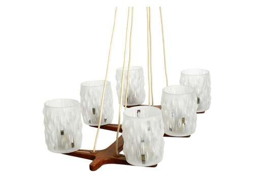 6 Armed Scandinavian 1960s Ceiling Lamp Made Of Teak And With Glass Shades