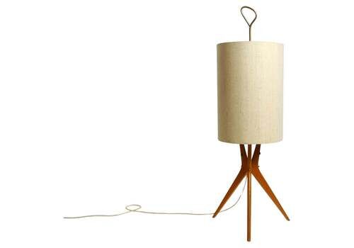 Beautiful Mid Century Tripod Walnut Wood Floor Lamp With Large Fabric Shade