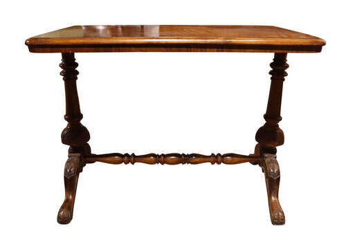 Antique Burr Walnut Stretcher Table With Carved Ends, Circa 1890