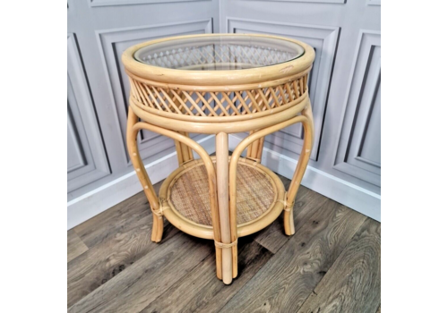 Vintage Single Round Side Table Bamboo Rattan Wicker Glass Top Boho? Tiki?