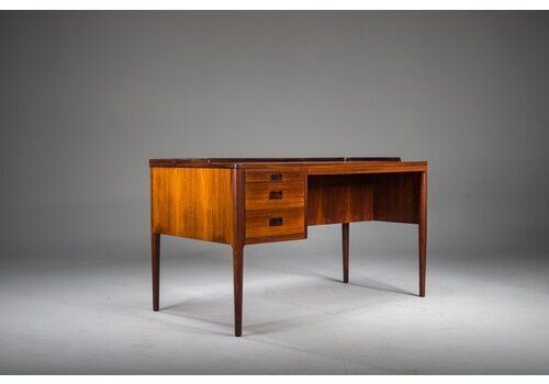 Scandinavian Modern Asymmetrical Wood Desk With Bar Cabinet Attributed To H. Brockmann Petersen For Poul M. Jessen, 1960s