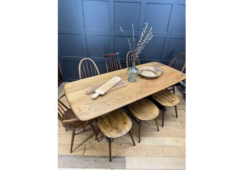 Ercol Elm Refectory Table & 8 Mixed Windsor Chairs/Stools Vintage Dining Set Mcm