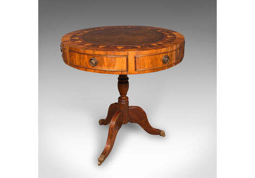 Vintage Rotary Centre Table, English, Walnut, Leather, Games, Regency Revival