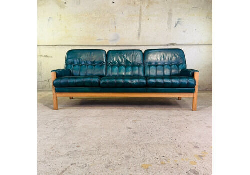 Beautiful Ekrones Vintage 70s 3 Seater Green Leather Sofa Solid Oak Frame #A573