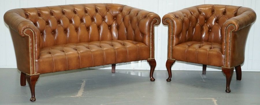 Hand Made In England Chesterfield Brown Leather Tub Armchair 2 Small Seat Sofa