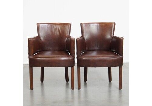 Beautiful Set Of 2 Cognac Colored Cowhide Leather Ralph Lauren Designer Dining Chairs