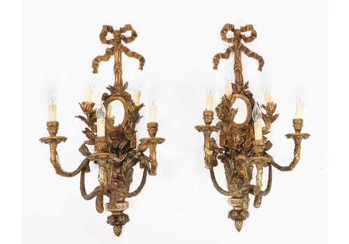 Vintage Monumental Pair Ormolu Twin Branch Wall Lights Sconces Mid 20th C