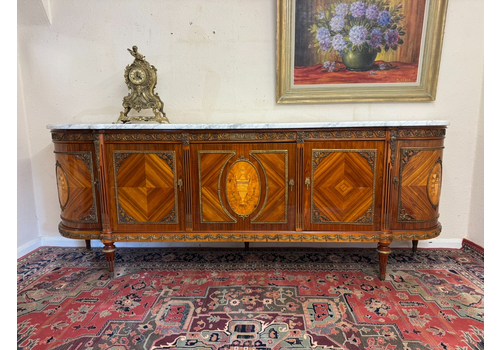 Stunning French Kingwood Marquetry Inlaid Ormolu Decorated Marble Top Credenza