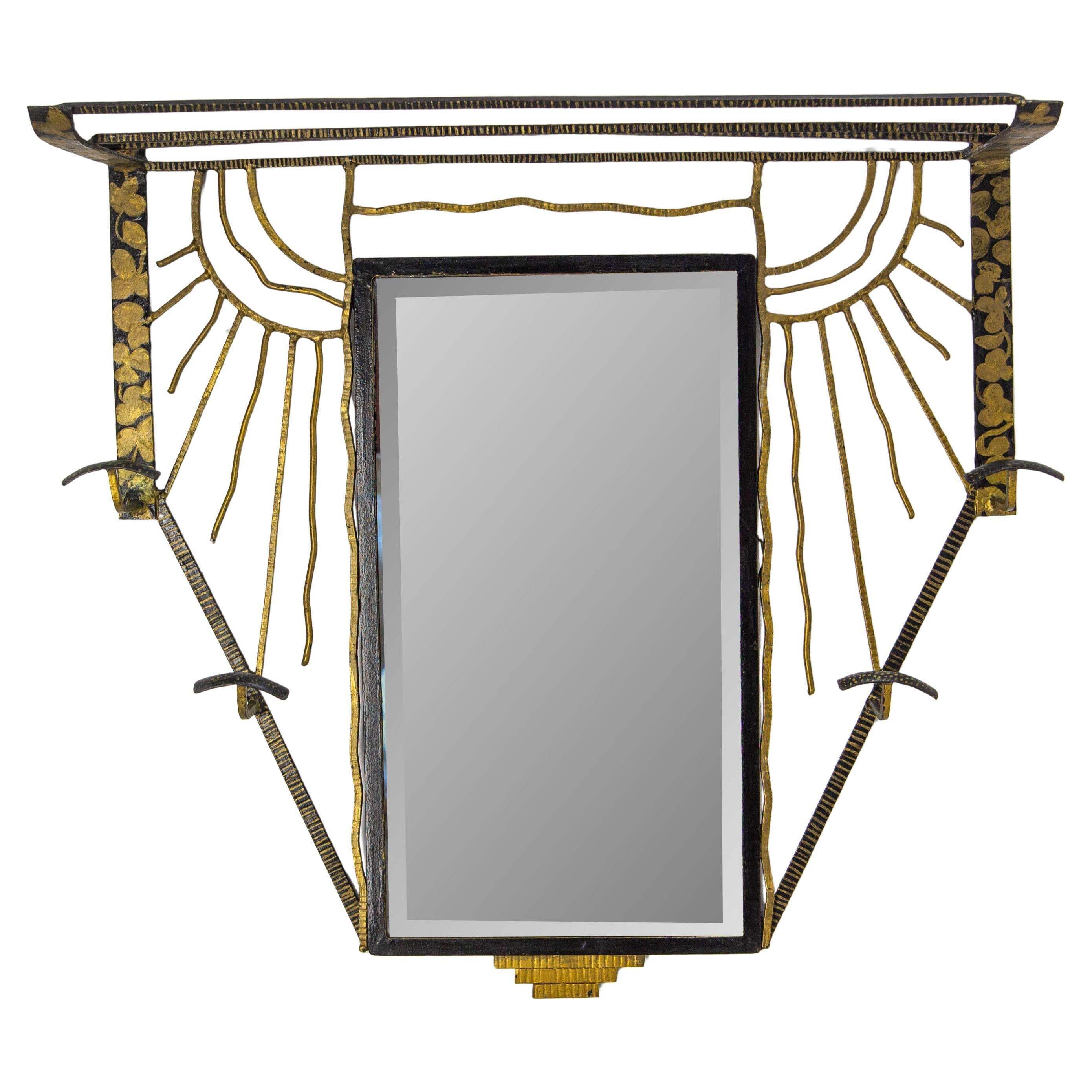 French Art Deco Coat Rack Hat Stand Wrough Iron Glass Mirror