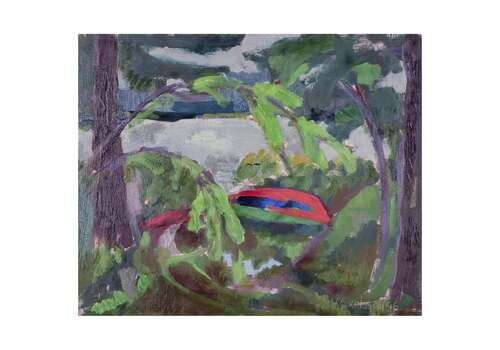V. Axelsson, Swedish Artist. Oil On Canvas. View Of A Forest And Lake, 1946