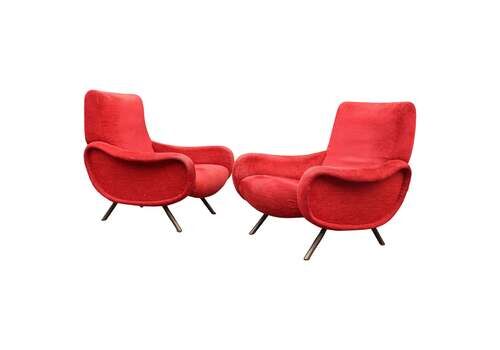 Pair Of Red Velvet Armchairs Marco Zanuso Model Lady 1950 Arflex
