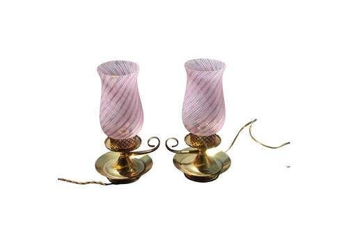 Pair Small Bedside Lamp Dino Martens For Toso 1950s Murano Pink Brass