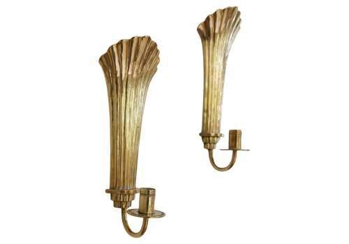 Art Deco Pair Of Brass Wall Candlesticks Holmström, Arvika, Sweden, 1940s