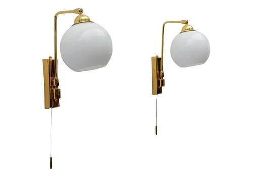 Pair Of Lovely Mid Century Modern Wall Lamps In Brass And Milk Glass, 1960s