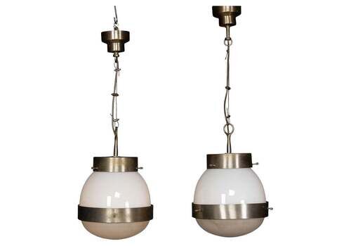 20thc Italian Pair Of "Delta" Opaline Pendant Lights By Sergio Mazza C.1960