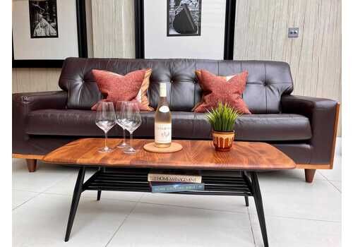 Ercol Windsor Coffee Table Model 459 – Wild Elm Top, Satin Black Legs & Magazine Rack