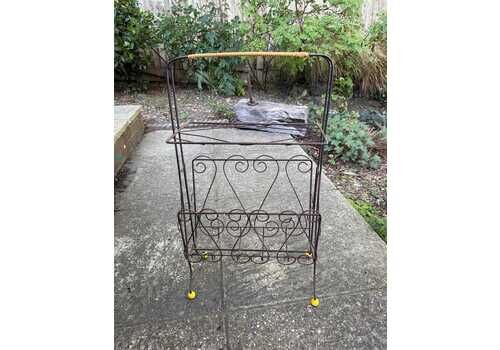 Vintage 1950s Wire Magazine Rack – Mid Century Scrollwork Storage Stand With Original Yellow Feet & Handle, Vintage Storage Rack   Towels?