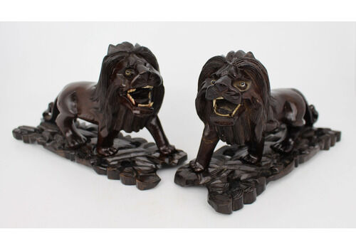 Pair Of Antique African Carved Ironwood Lions – C.1890–1920