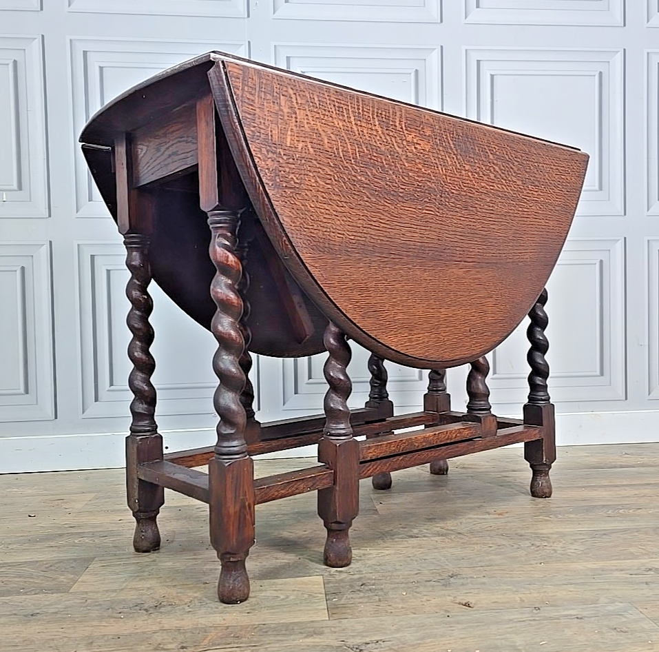 Antique Solid Oak Barley Twist Drop Leaf Gate Leg Dining Table
