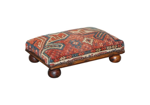 Antique Kilim Tribal Rug Upholstered Footstool Raised On Bun Feet With Studs