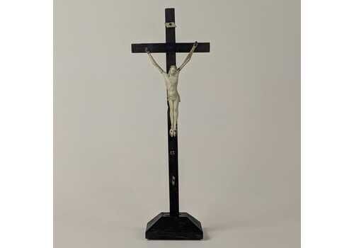 Antique 18th 19th Century Carved Bone Crucifix Jesus On Ebony Wood Cross Christian Holy Cross Religious Decor Hand Painted Crucifixion