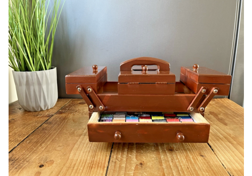 Fab Small Mini Expandable Sewing Box Kit & Contents Vintage Hat Pins Thread Etc