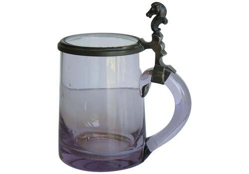 Glass Drinking Tankard Hand Blown With Pewter Horse Head Hinged Lid, 19th C