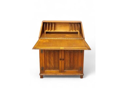 Vintage Old Charm Wood Bros / Linenfold Front Oak Bureau / Light Oak / Carved Oak / Made In England C1960