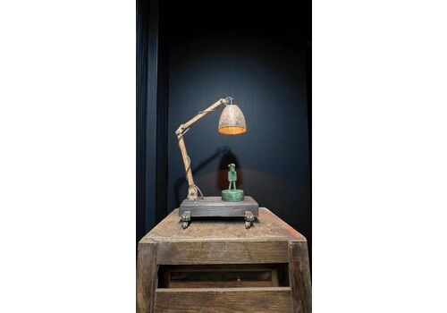 Monologue – Vintage Machinist Lamp On Reclaimed Wood Base, Handmade Industrial Light, Recycled Metal Sculpture Lighting