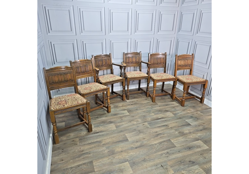 Antique Set 6 Old Charm Oak Dining Chairs – 2 Carvers  – Jacobean Wood Bros.