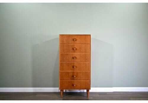 Mid Century Meredew Tallboy Chest Of Drawers In Oak Vintage Modern Scandinavian Retro Danish Style