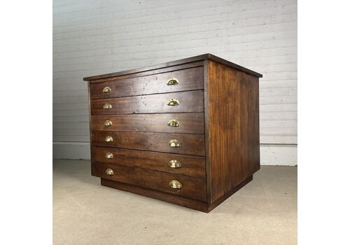 Large Vintage Hardwood And Veneer 6 Drawer Plan Chest With Brass Pulls