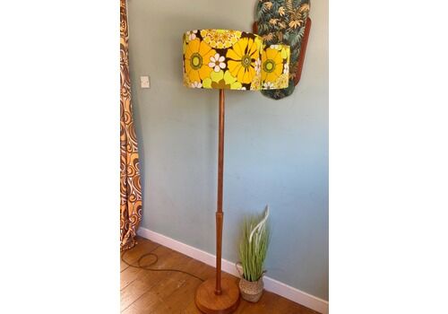 Vintage Mid Century Teak Floor Lamp With Handmade Retro Shade In Vintage 1970s Fabric   Pat Tested