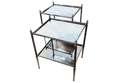 Pair Of French Midcentury Silver Plated Brass And Eglomise Glass Side Tables