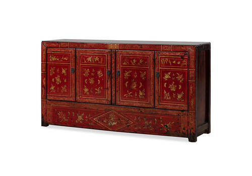 Red Lacquer Gold Patterned Sideboard