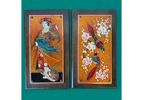 Vintage 1970s Greek Copper Enamel Wall Art, Aethra Pair, Chinoiserie Plaques