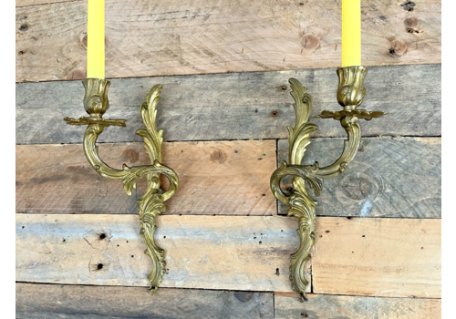 French Louis XV Style Rococo Gilt Bronze Ormolu Pair Wall Light Candle Sconces