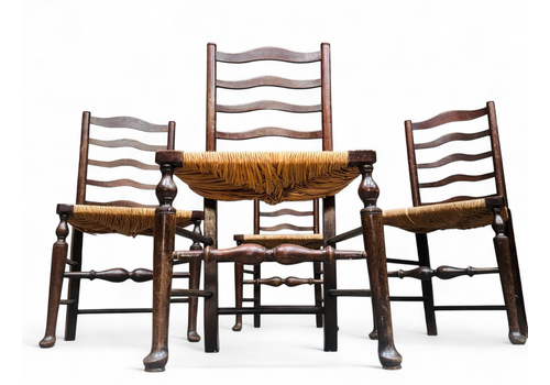Set Of Four Oak Antique Dining Chairs Rush Seats Ladder Backs Pad Feet