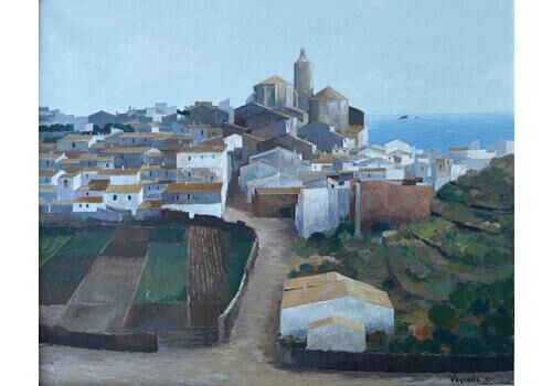Josep Maria Vayreda Canadell View Of Cadaqués, Spain, Oil On Canvas, Mediterranean Seascape Painting C.1990